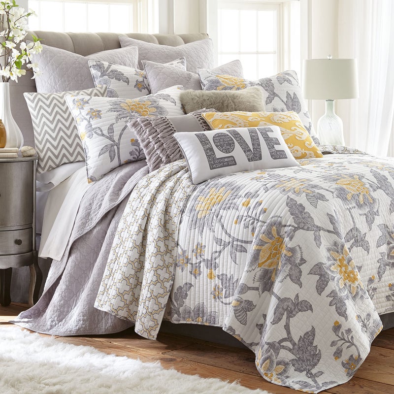 Levtex Home - Reverie Quilt Set - Full/Queen Quilt + Two Standard Pillow Shams - Floral - Yellow, Grey, and White - Quilt Size (88x92in.) and Pillow Sham Size (26x20in.) - Reversible - Cotton Fabric - Image 2